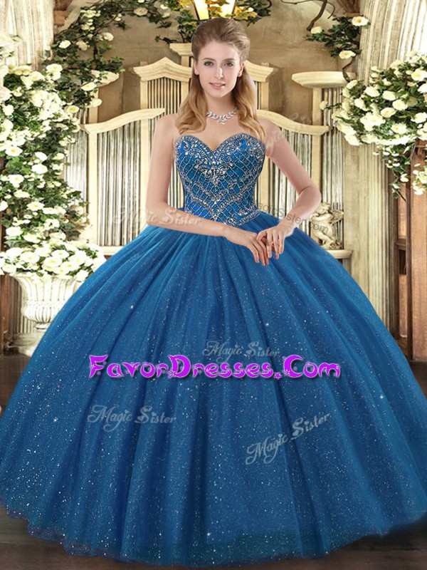 Flirting Teal Ball Gowns Tulle Sweetheart Sleeveless Beading Floor Length Lace Up Vestidos de Quinceanera