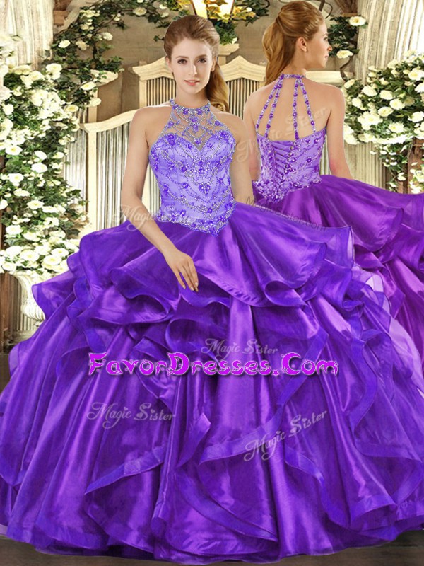  Purple Sleeveless Organza Lace Up Quinceanera Gowns for Military Ball and Quinceanera