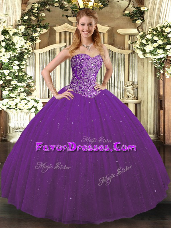 Top Selling Floor Length Purple Ball Gown Prom Dress Tulle Sleeveless Beading