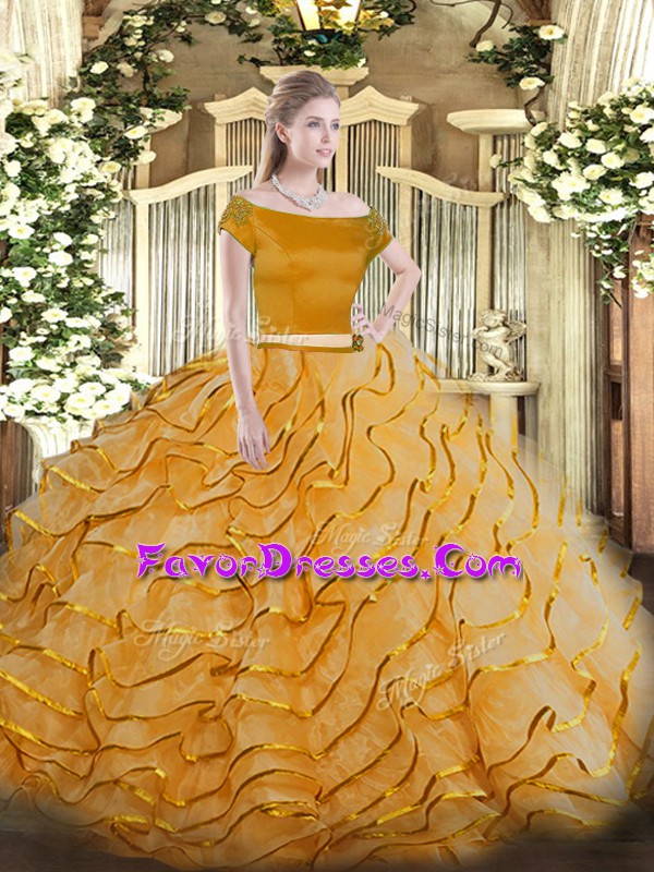  Orange Tulle Zipper 15 Quinceanera Dress Short Sleeves Brush Train Appliques and Ruffled Layers