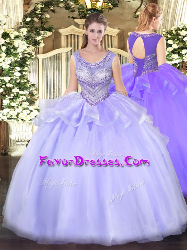 Stunning Lavender Ball Gowns Scoop Sleeveless Organza Floor Length Lace Up Beading Quinceanera Gowns