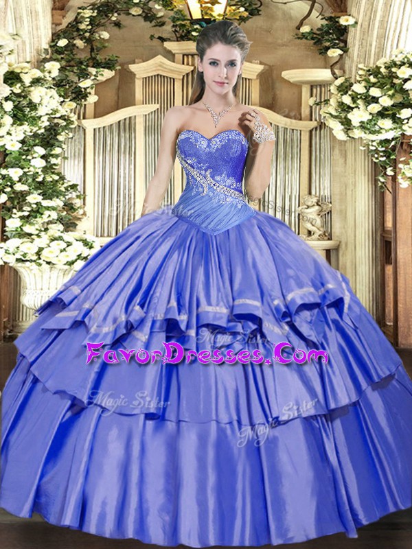 Stylish Blue Organza and Taffeta Lace Up Quinceanera Dress Sleeveless Floor Length Beading and Ruffled Layers