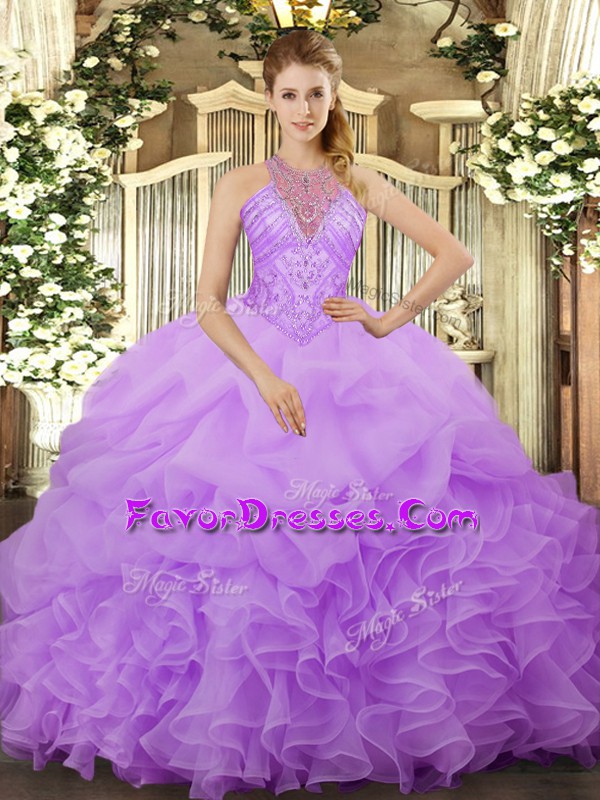 Admirable Lavender Sleeveless Organza Lace Up 15 Quinceanera Dress for Military Ball and Sweet 16 and Quinceanera