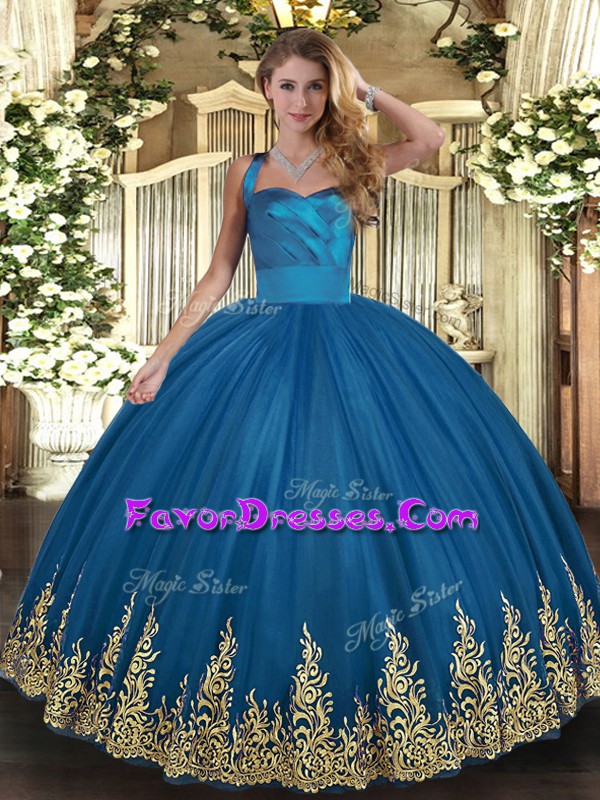  Blue Halter Top Lace Up Appliques 15th Birthday Dress Sleeveless