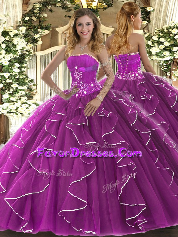  Strapless Sleeveless Ball Gown Prom Dress Floor Length Beading and Ruffles Fuchsia Tulle