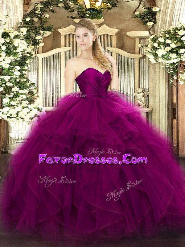 Custom Made Sleeveless Floor Length Ruffles Zipper Quinceanera Gown with Fuchsia