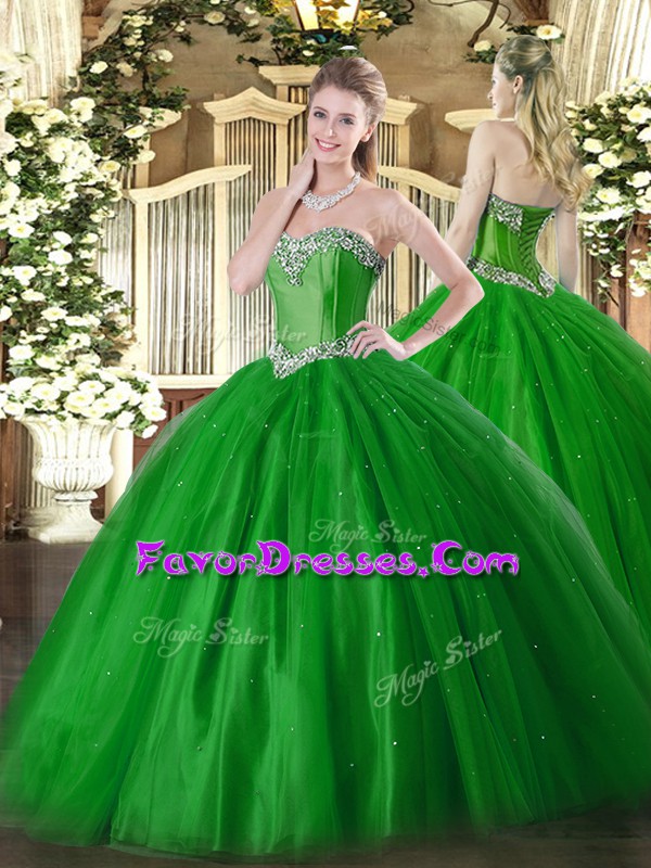 Fancy Sleeveless Tulle Floor Length Lace Up Quince Ball Gowns in Green with Beading