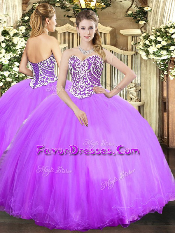 Ideal Lavender Sleeveless Beading Floor Length Quinceanera Gown
