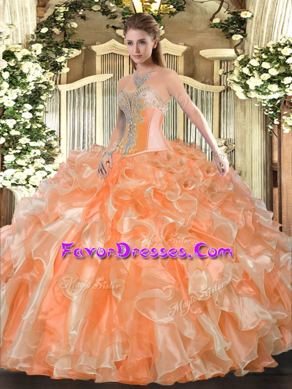  Orange Sleeveless Beading and Ruffles Floor Length Sweet 16 Quinceanera Dress