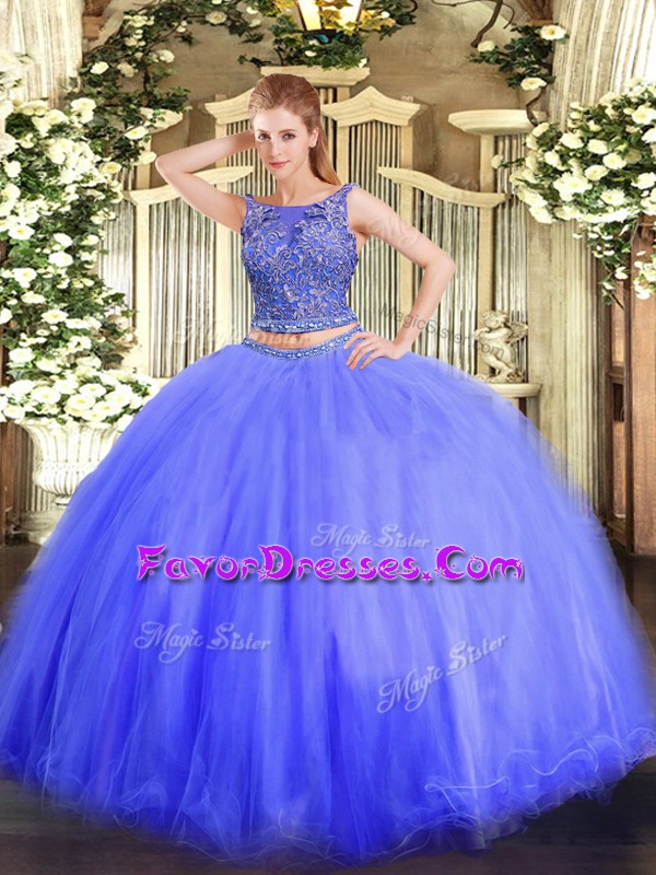 Chic Blue Sleeveless Beading Floor Length Quince Ball Gowns