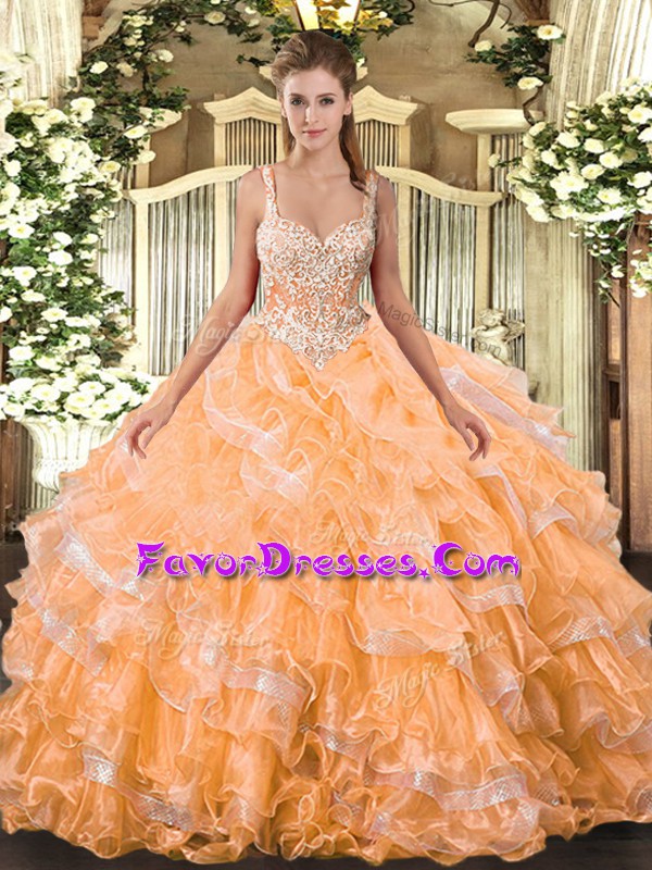  Orange Sleeveless Beading and Ruffled Layers Floor Length 15 Quinceanera Dress