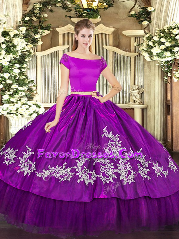  Purple Two Pieces Organza and Taffeta Off The Shoulder Short Sleeves Embroidery Floor Length Zipper Ball Gown Prom Dress