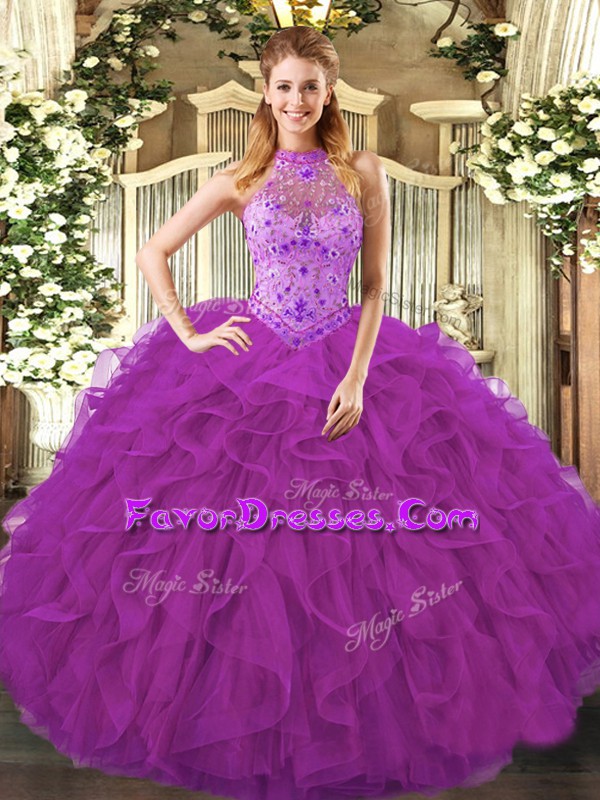  Sleeveless Organza Floor Length Lace Up Sweet 16 Dresses in Purple with Beading and Ruffles