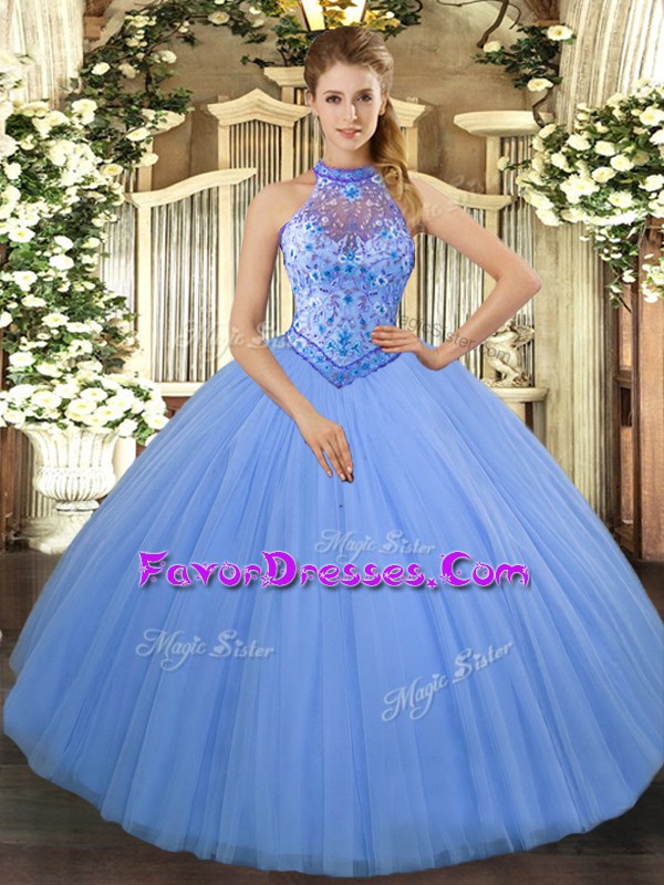 Fabulous Baby Blue Tulle Lace Up Halter Top Sleeveless Floor Length Quinceanera Dress Beading and Embroidery