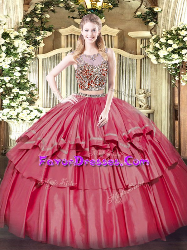 Discount Coral Red Two Pieces Organza and Taffeta Scoop Sleeveless Beading and Ruffled Layers Floor Length Lace Up Quinceanera Gowns