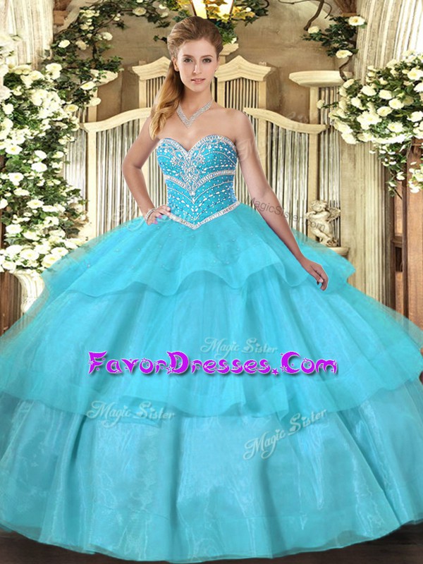 Great Aqua Blue Sleeveless Tulle Lace Up 15th Birthday Dress for Military Ball and Sweet 16 and Quinceanera
