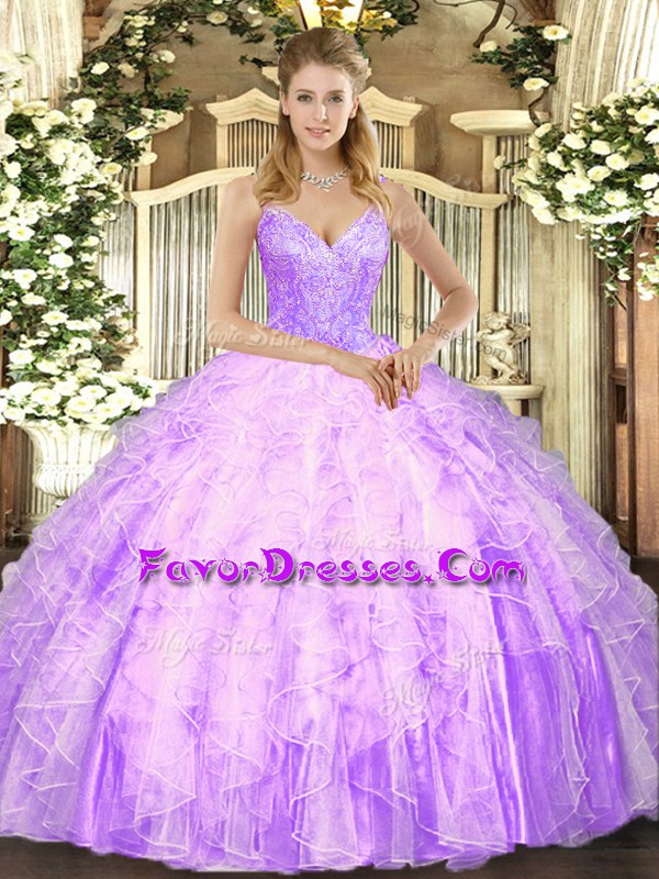 Glittering Lilac Lace Up Sweet 16 Quinceanera Dress Beading and Ruffles Sleeveless Floor Length