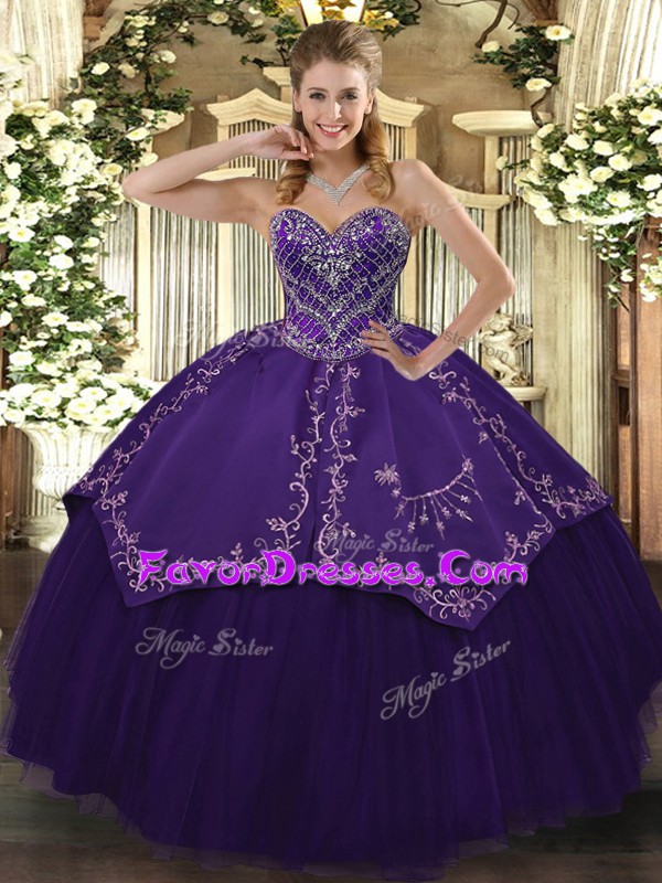  Sleeveless Taffeta and Tulle Floor Length Lace Up Sweet 16 Dress in Purple with Pattern