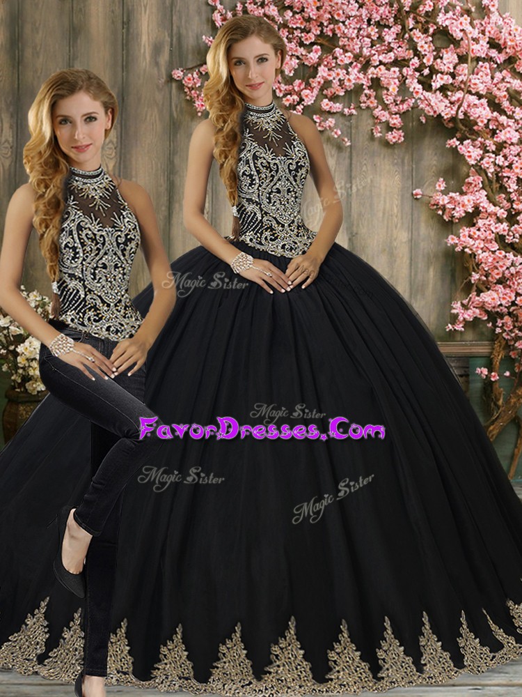 Halter Top Sleeveless Brush Train Lace Up Ball Gown Prom Dress Black Tulle