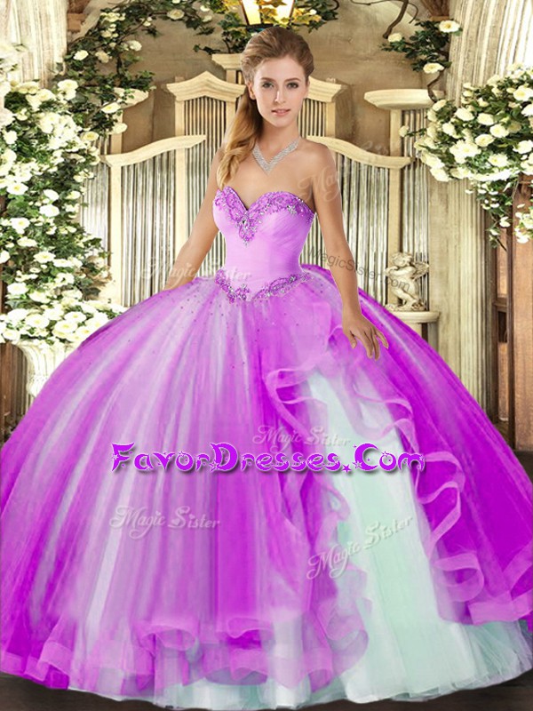  Lilac Ball Gowns Tulle Sweetheart Sleeveless Beading and Ruffles Floor Length Lace Up 15th Birthday Dress