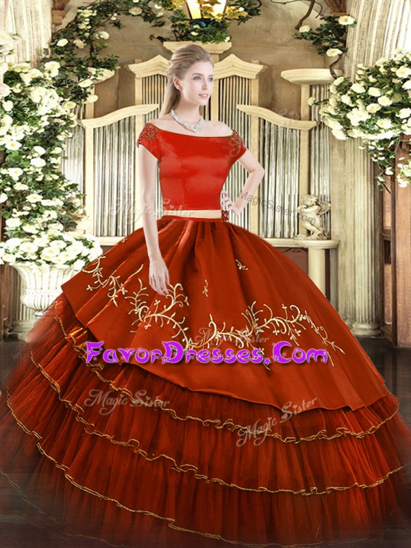  Off The Shoulder Short Sleeves Quinceanera Dress Floor Length Embroidery and Ruffled Layers Rust Red Organza and Taffeta