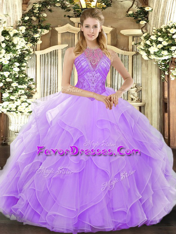 Superior High-neck Sleeveless Lace Up 15th Birthday Dress Lavender Organza
