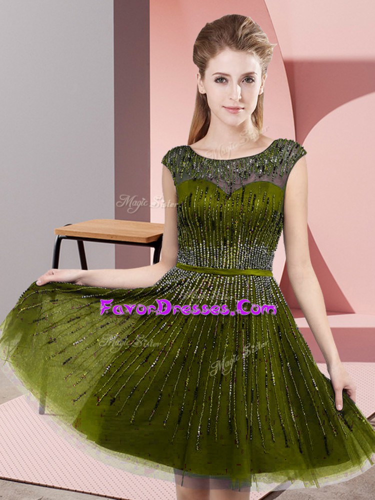 New Arrival Sleeveless Tulle Knee Length Backless Prom Dresses in Olive Green with Beading