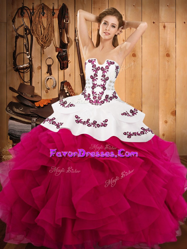  Hot Pink Satin and Organza Lace Up Strapless Sleeveless Floor Length Vestidos de Quinceanera Embroidery and Ruffles