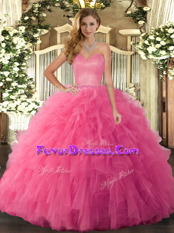 Dynamic Hot Pink Sweetheart Lace Up Ruffles Quinceanera Dress Sleeveless