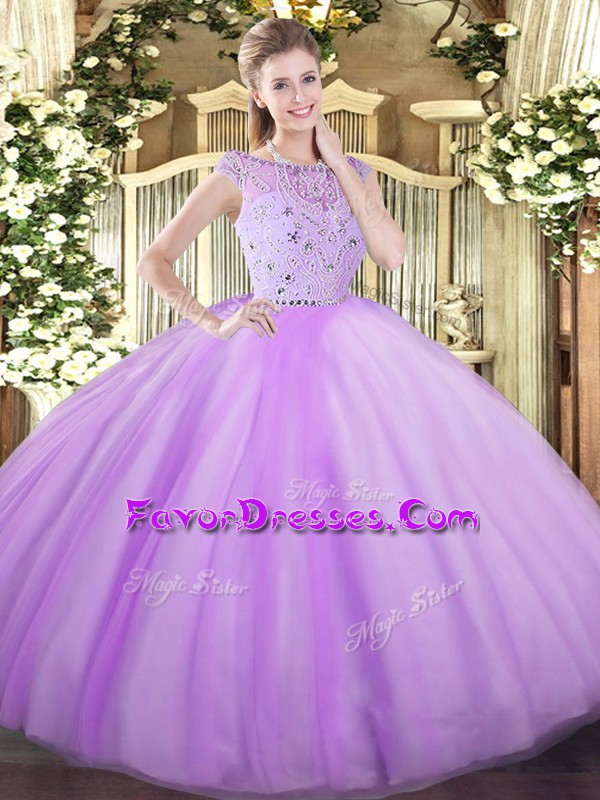  Floor Length Zipper Quinceanera Gown Lavender for Military Ball and Sweet 16 and Quinceanera with Beading