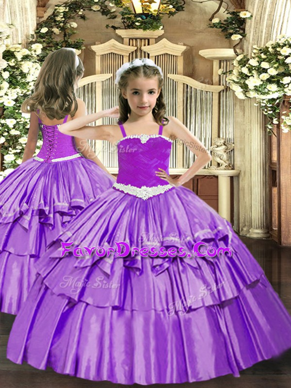  Organza Straps Sleeveless Lace Up Appliques and Ruffled Layers Little Girl Pageant Gowns in Lavender