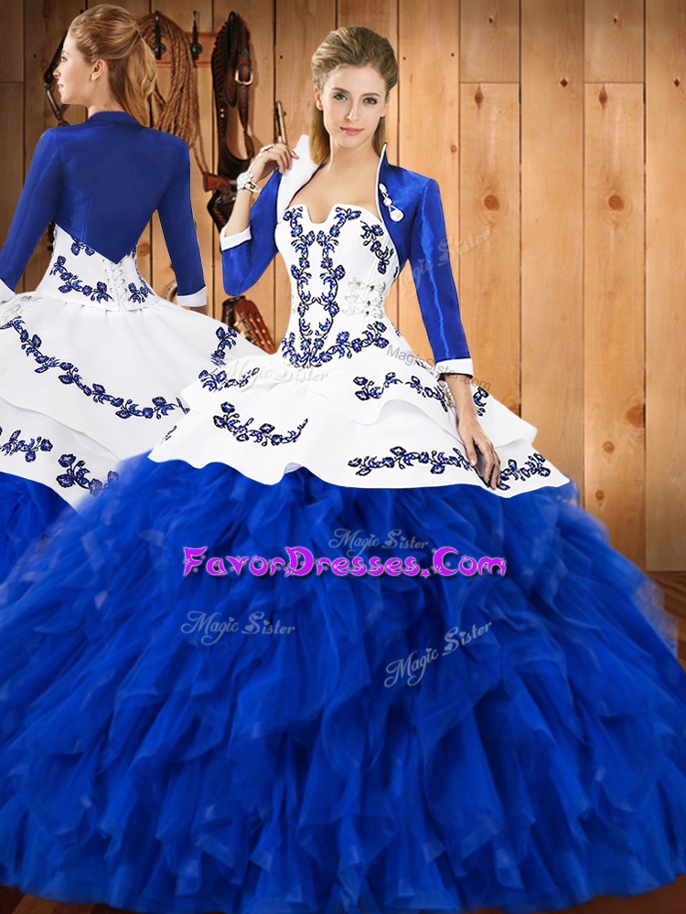 Beauteous Blue And White Sleeveless Satin and Organza Lace Up Quinceanera Dresses for Military Ball and Sweet 16 and Quinceanera