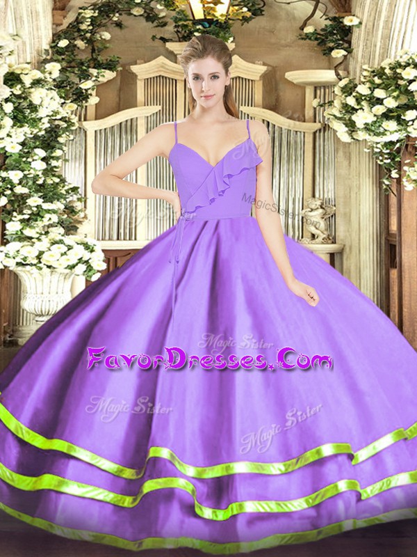  Lavender Ball Gowns Organza Spaghetti Straps Sleeveless Ruffled Layers Floor Length Zipper 15th Birthday Dress