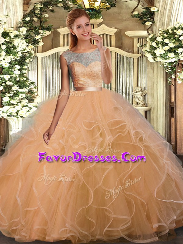  Sleeveless Organza Floor Length Backless Vestidos de Quinceanera in Gold with Lace and Ruffles