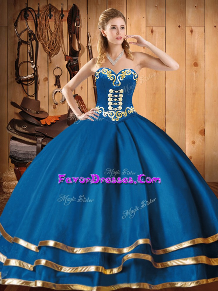  Floor Length Blue Ball Gown Prom Dress Organza Sleeveless Embroidery