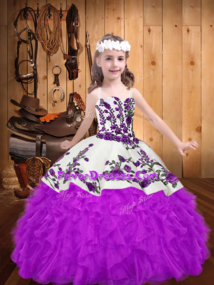  Sleeveless Floor Length Beading and Embroidery and Ruffles Lace Up Little Girl Pageant Gowns with Purple