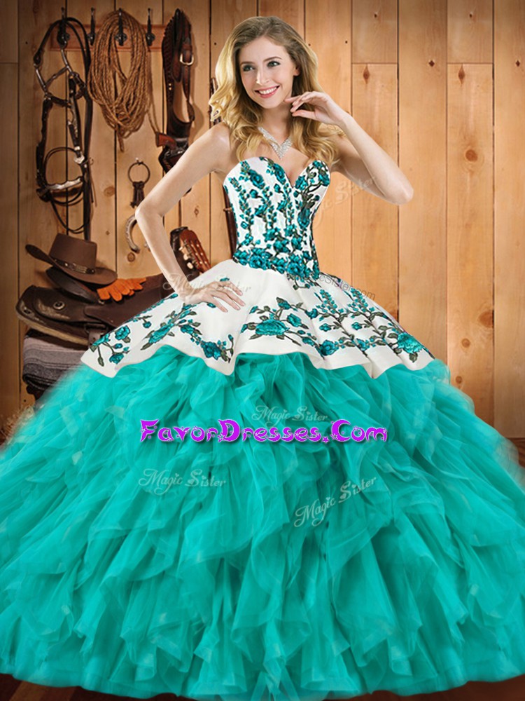 Pretty Floor Length Turquoise Sweet 16 Quinceanera Dress Satin and Organza Sleeveless Embroidery and Ruffles
