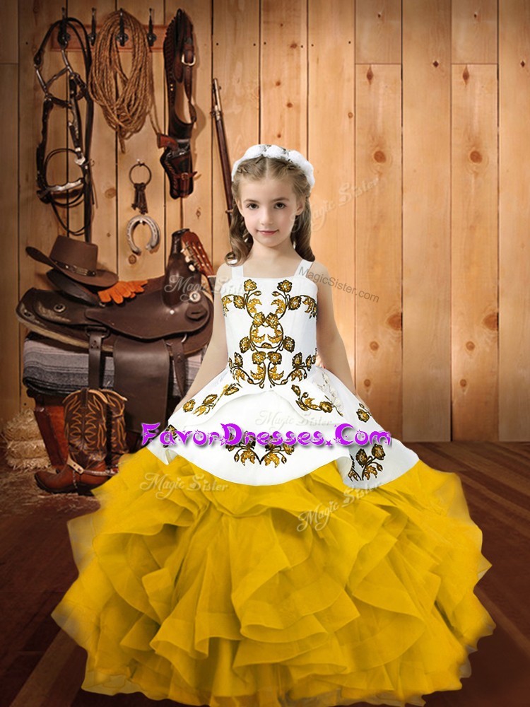 Customized Organza Straps Sleeveless Lace Up Embroidery and Ruffles Pageant Dress for Teens in Gold