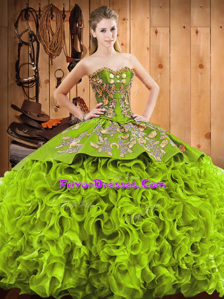 Glittering Sweetheart Sleeveless Fabric With Rolling Flowers Sweet 16 Quinceanera Dress Embroidery Court Train Lace Up