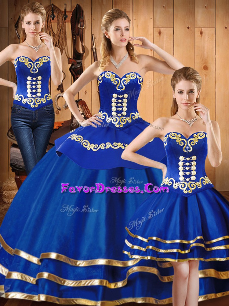 Extravagant Blue Three Pieces Satin and Tulle Sweetheart Sleeveless Embroidery Floor Length Lace Up Quinceanera Gowns