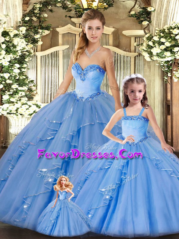  Floor Length Baby Blue Quinceanera Gowns Organza Sleeveless Beading and Ruffles
