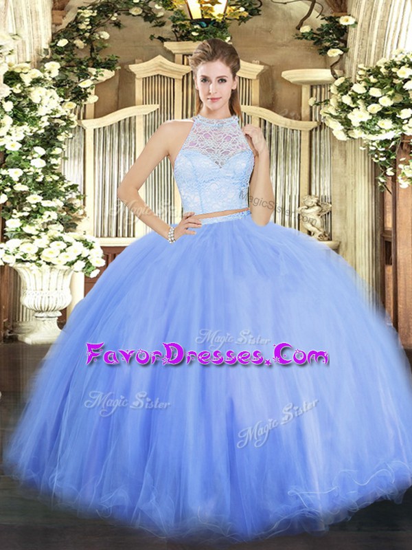 Dramatic Sleeveless Tulle Floor Length Zipper Quinceanera Gown in Blue with Lace