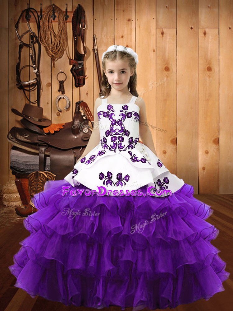  Embroidery and Ruffled Layers Pageant Gowns For Girls Eggplant Purple Lace Up Sleeveless Floor Length