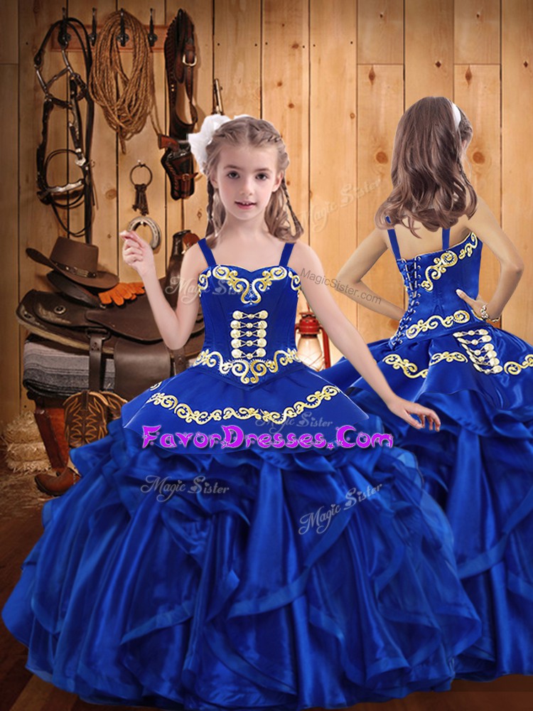 Simple Organza Straps Sleeveless Lace Up Embroidery and Ruffles Girls Pageant Dresses in Royal Blue
