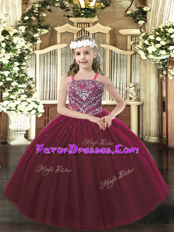 Admirable Burgundy Sleeveless Beading Floor Length Kids Pageant Dress