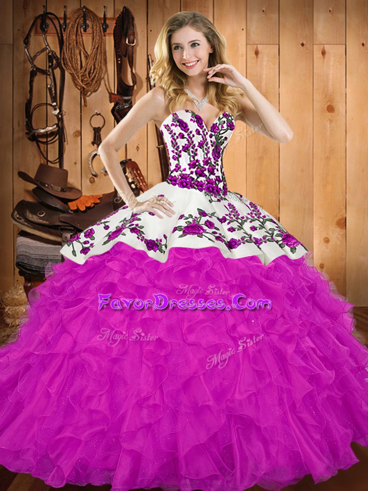 Pretty Fuchsia Tulle Lace Up Sweetheart Sleeveless Floor Length Sweet 16 Quinceanera Dress Embroidery and Ruffles