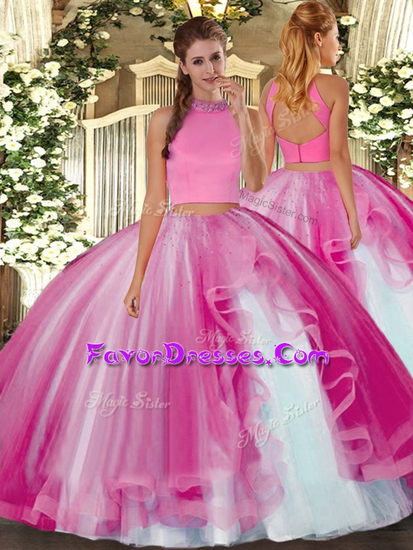 Fabulous Floor Length Backless 15 Quinceanera Dress Hot Pink for Military Ball and Sweet 16 and Quinceanera with Beading and Ruffles