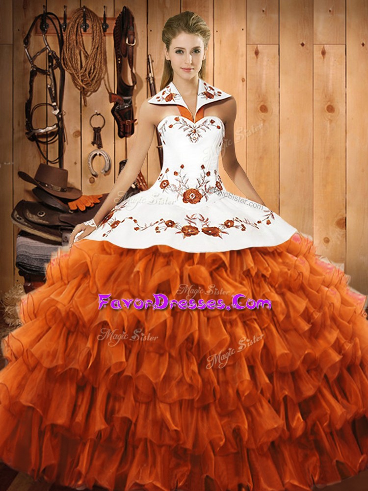  Rust Red Sleeveless Floor Length Embroidery and Ruffled Layers Lace Up Quinceanera Dress