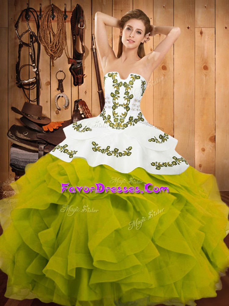 Comfortable Olive Green Sleeveless Satin and Organza Lace Up 15th Birthday Dress for Military Ball and Sweet 16 and Quinceanera