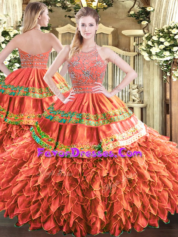  Rust Red Ball Gowns Beading and Ruffles and Sequins Quinceanera Gowns Zipper Tulle Sleeveless Floor Length